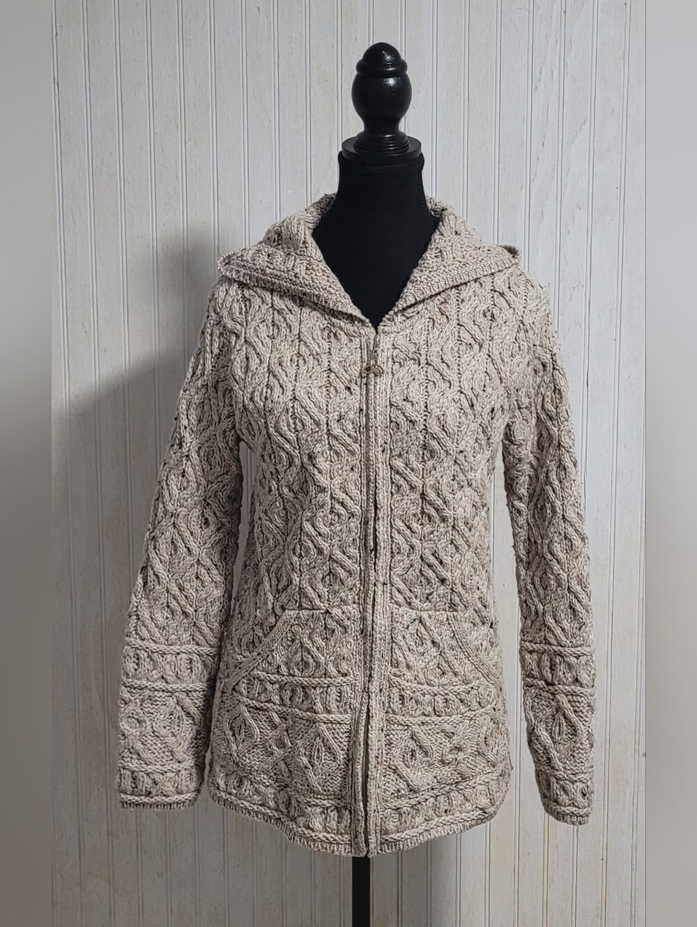 Arancrafts Irish Oatmeal Beige 100% Merino Wool Flecked Knit Hooded Sweater S